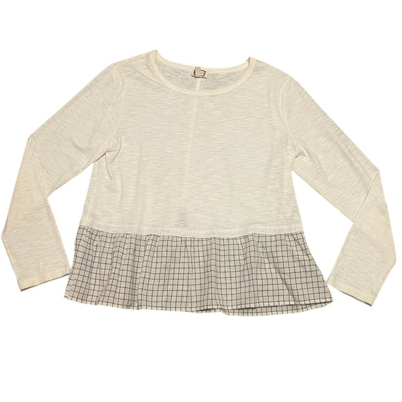 Mo:Vint NWOT cream long sleeve plaid ruffle keyhole back blouse boho - Picture 1 of 10